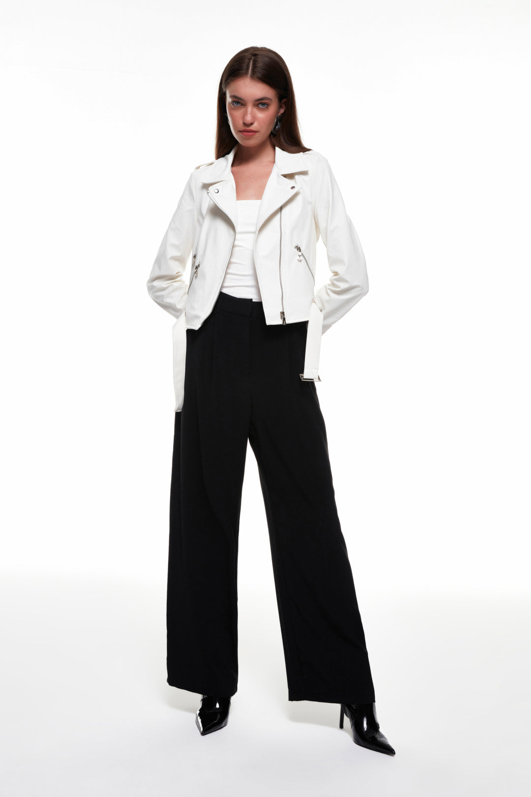 Pocket Biker Leather Jacket White