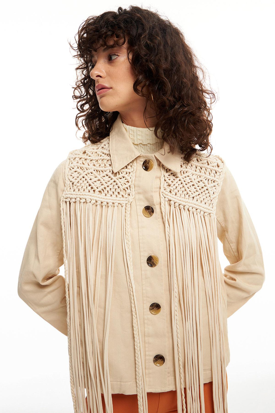 Tassel Detailed Denim Jacket Stone