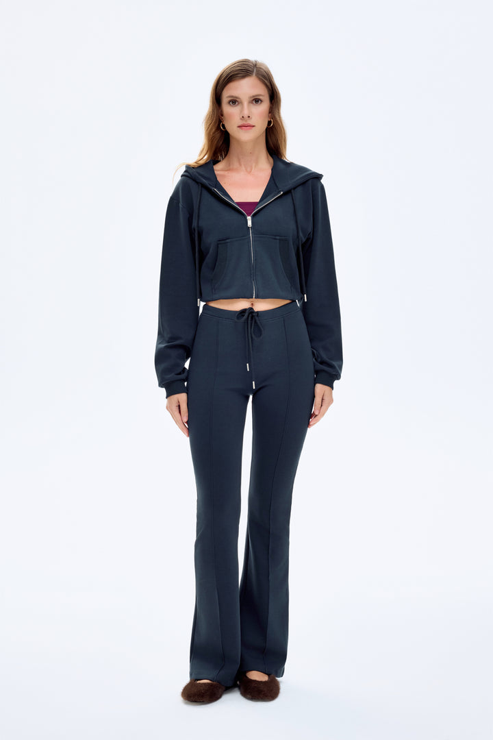 Kapüşonlu Fermuarlı Basic Sweatshirt Lacivert