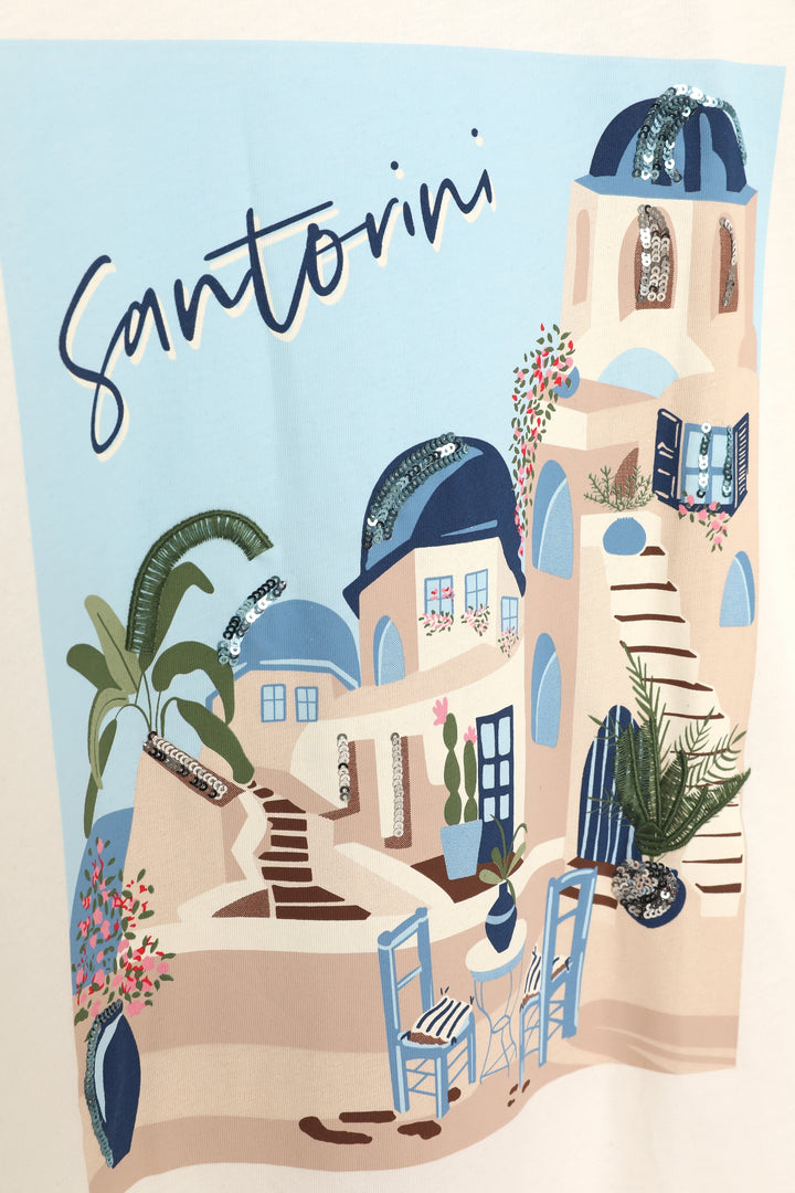 Santorini Baskılı Kısa Kol Tişört Ekru