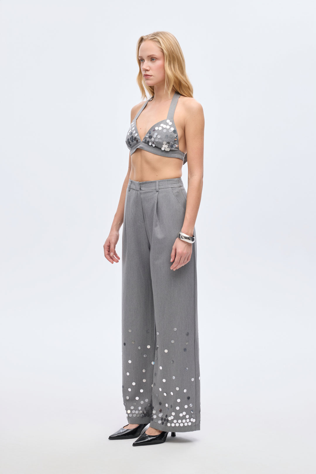 Payet İşlemeli Palazzo Pantolon Gri
