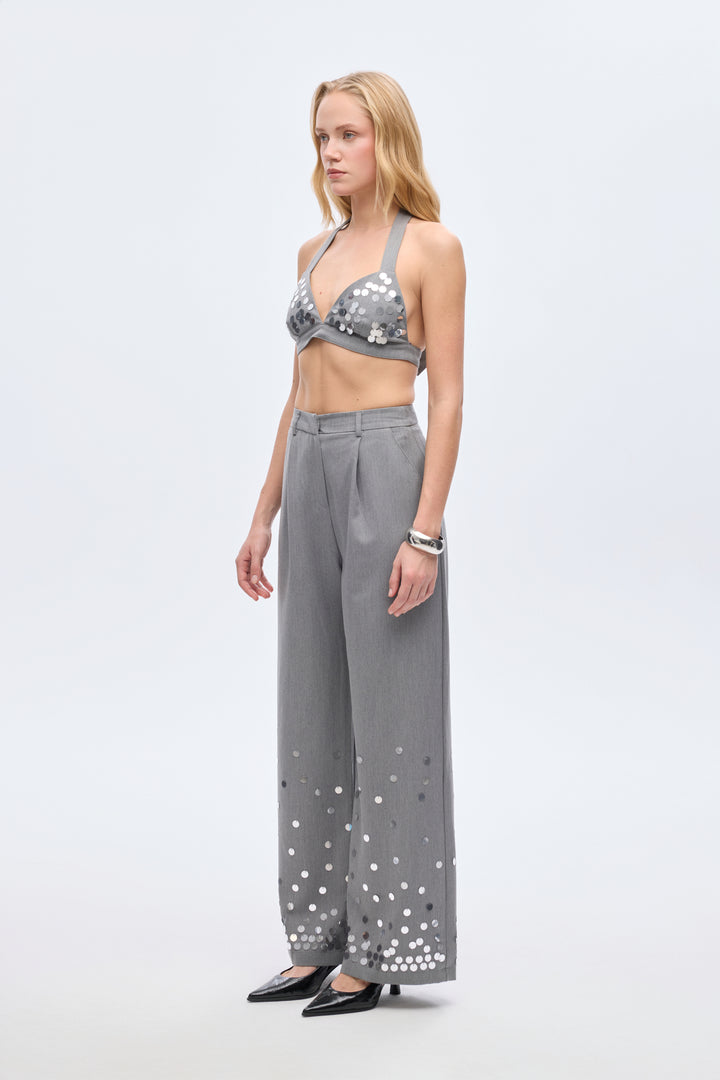 Payet İşlemeli Palazzo Pantolon Gri