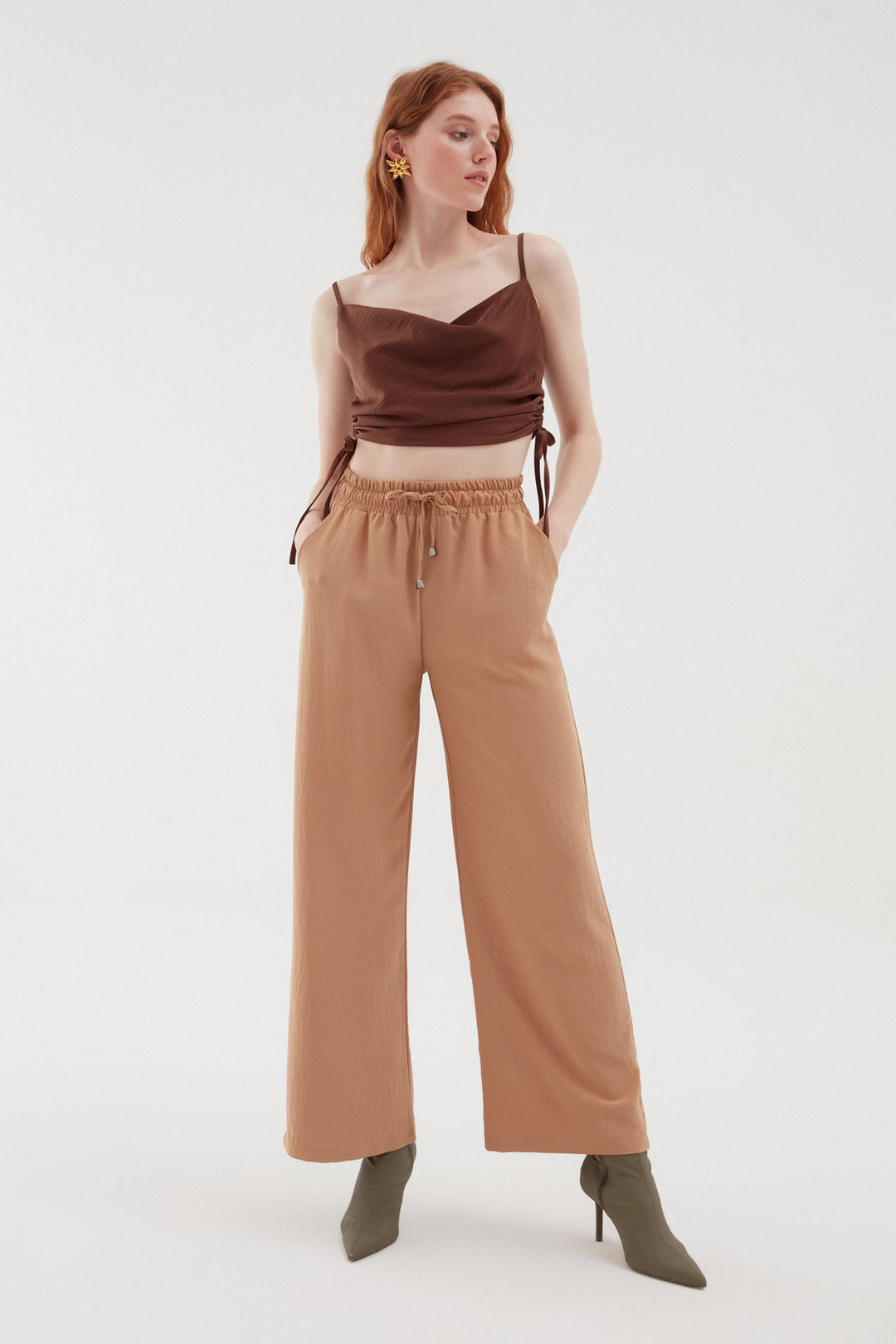 Elastic Waist Wide Leg Trousers Beige