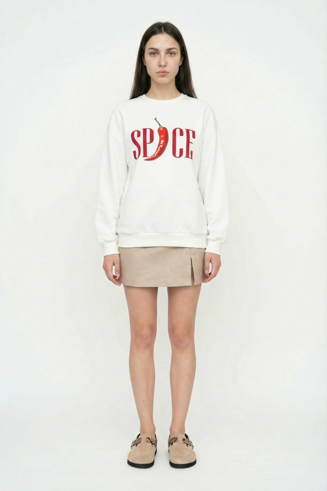 Biber Baskılı Oversize Sweatshirt Ekru