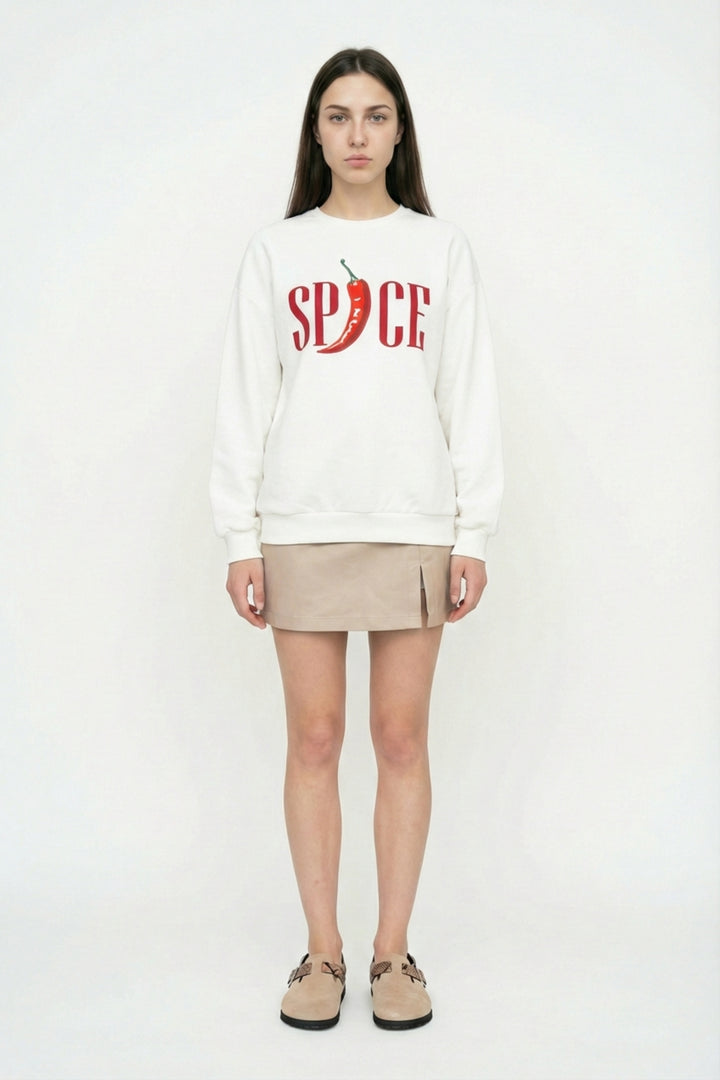 Biber Baskılı Oversize Sweatshirt Ekru