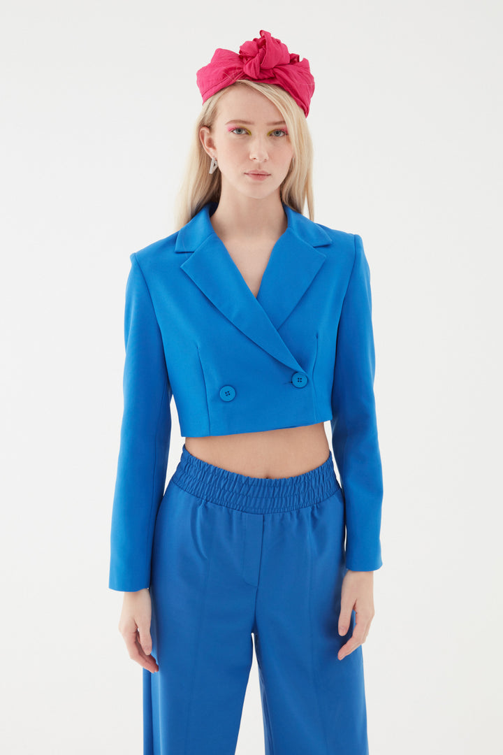 Kruvaze Crop Blazer Ceket Sax