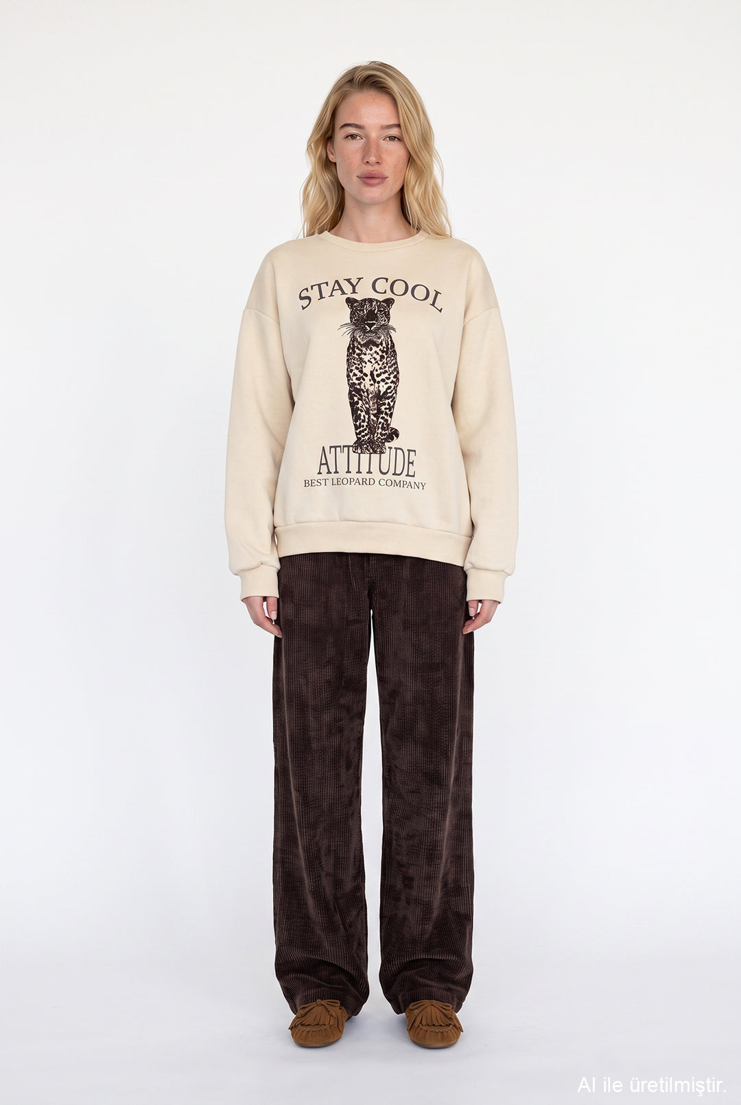 Leopar ve Yazı Baskılı Oversize Sweatshirt Bej
