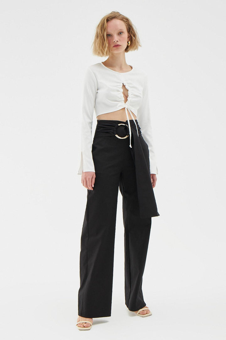 Toka Detaylı Yüksek Bel Bol Pantolon Siyah