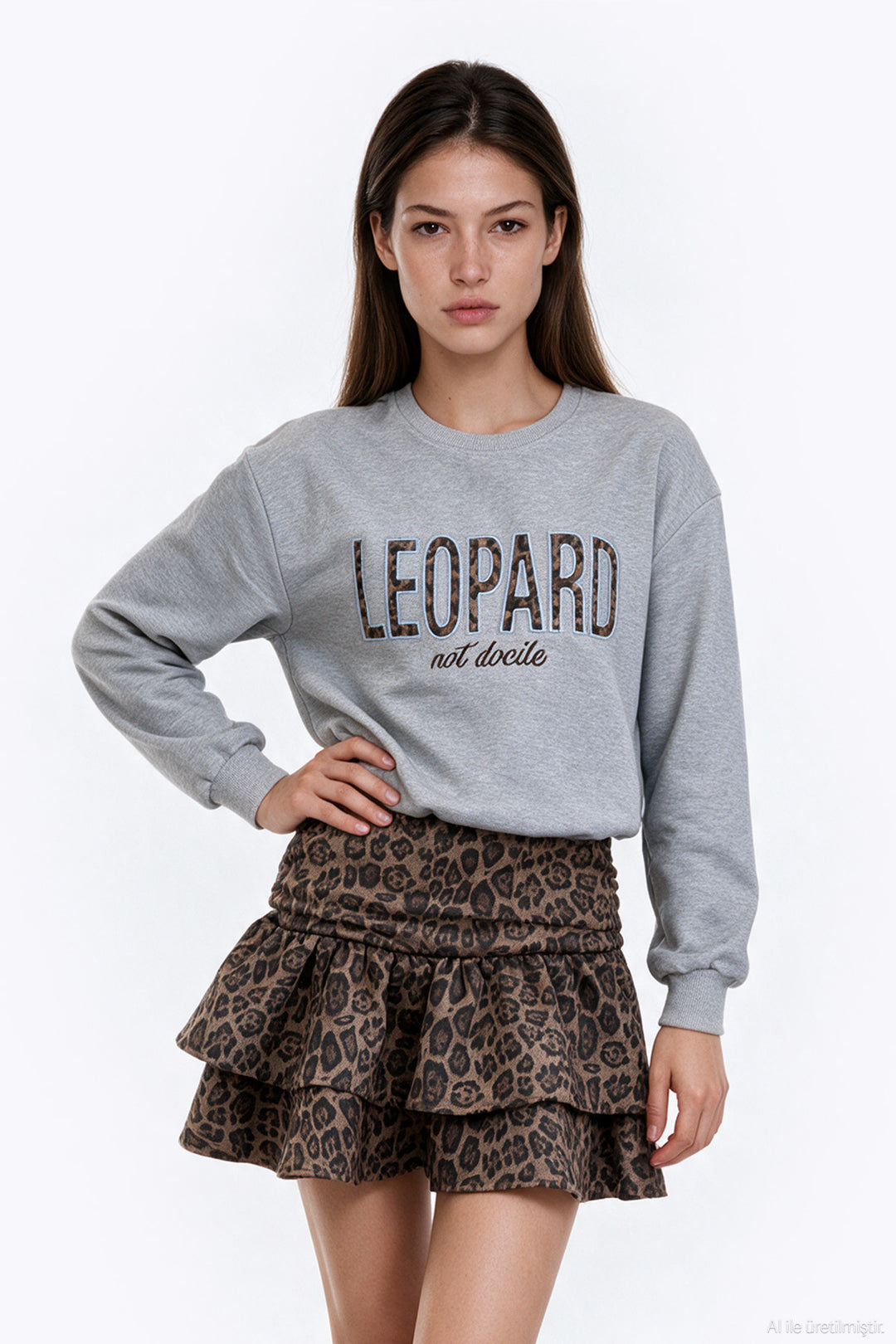 Leopar Garnili Volanlı Mini Elbise Grimelanj
