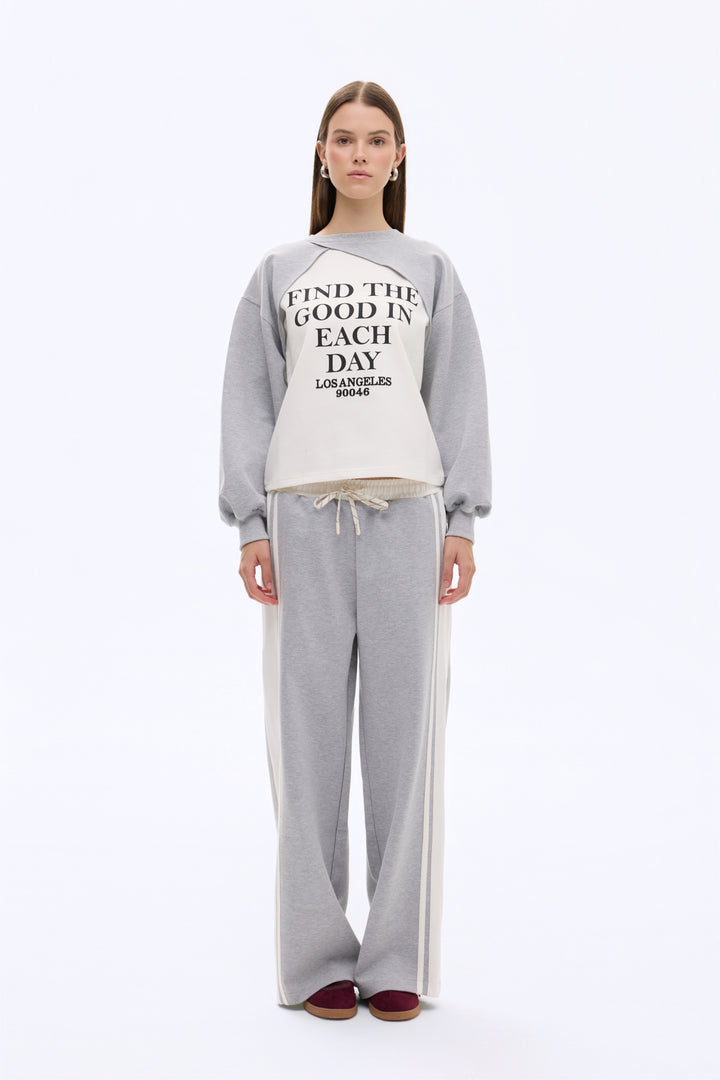 Match Detaylı Yazı Baskılı Bisiklet Yaka Sweatshirt Gri