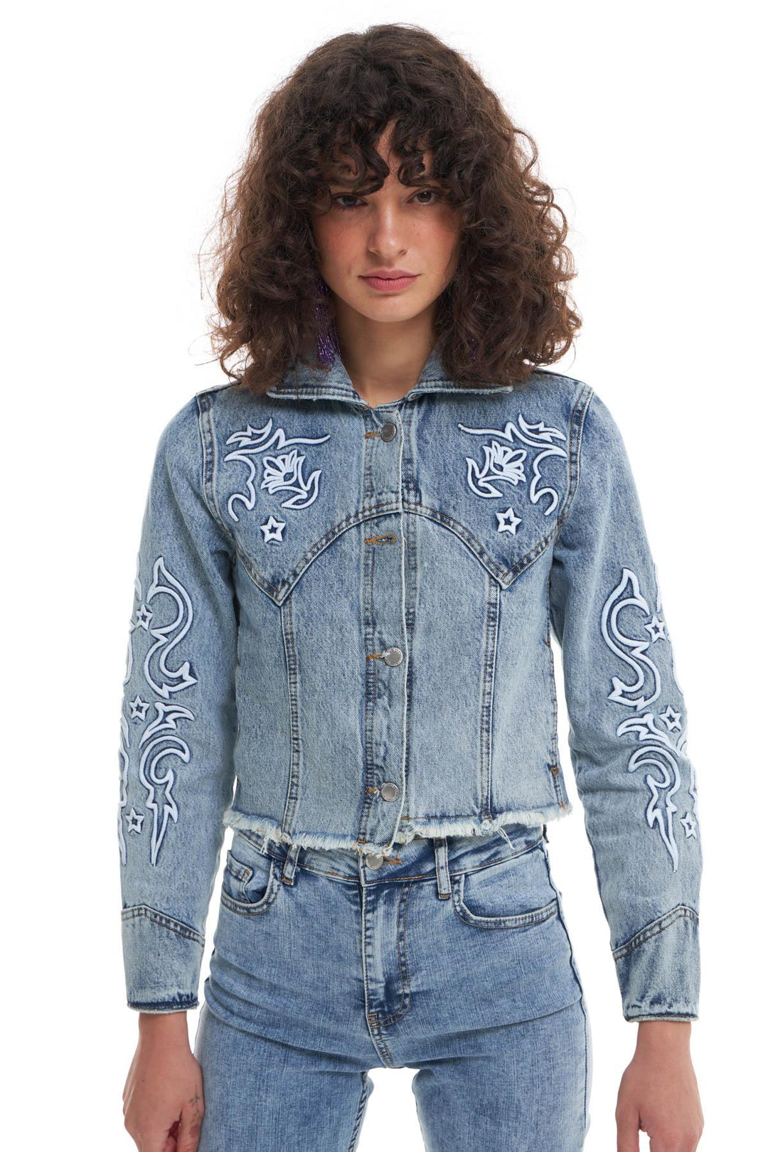 Embroidery Detailed Denim Jacket Ice Blue
