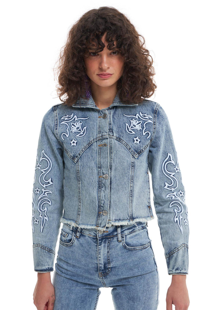 Embroidery Detailed Denim Jacket Ice Blue