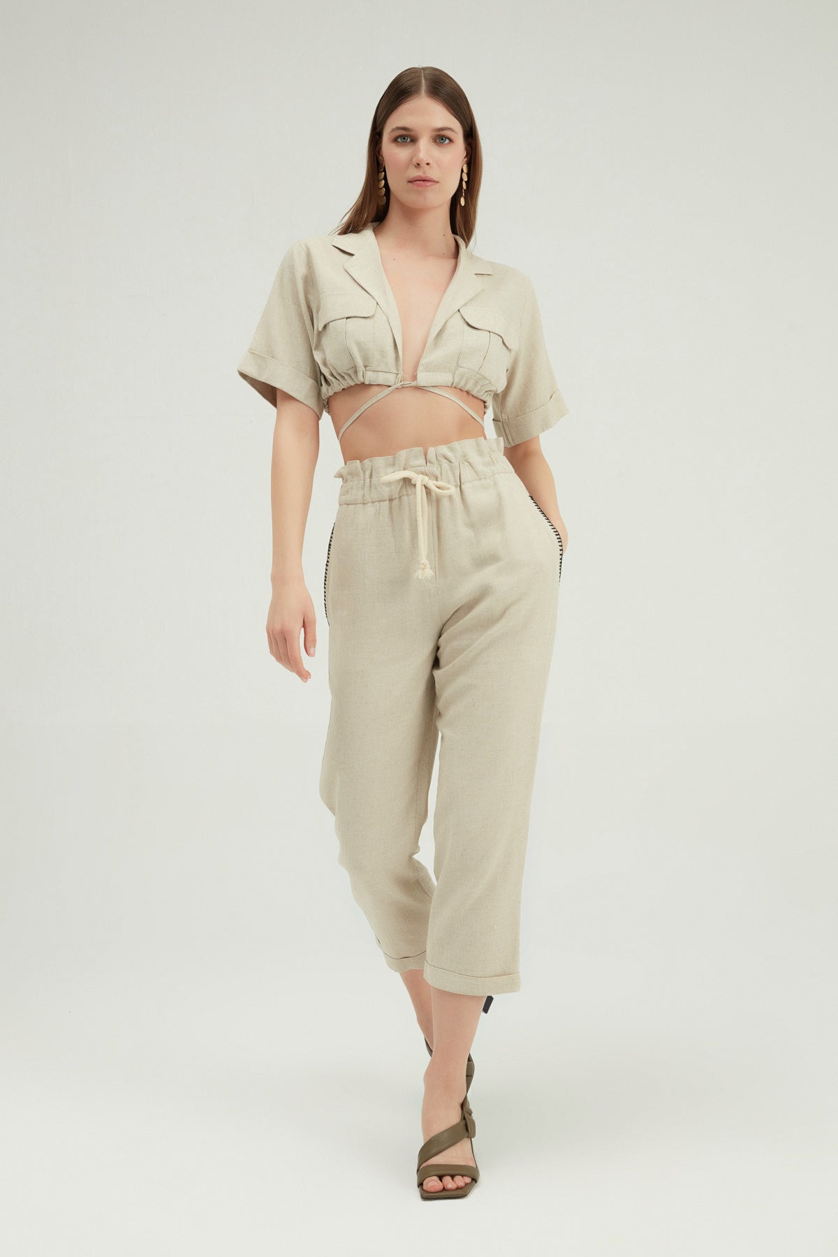 Tie Front Crop Linen Shirt Natural