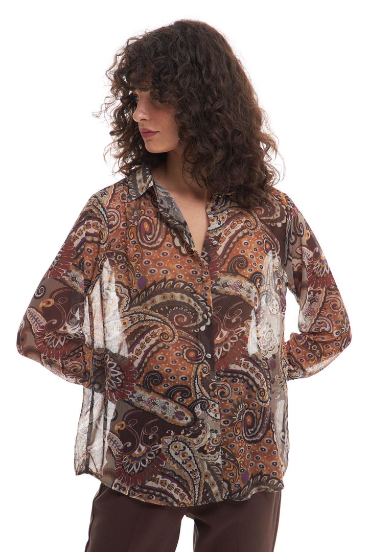 Desenli Şifon Gömlek Kahverengi