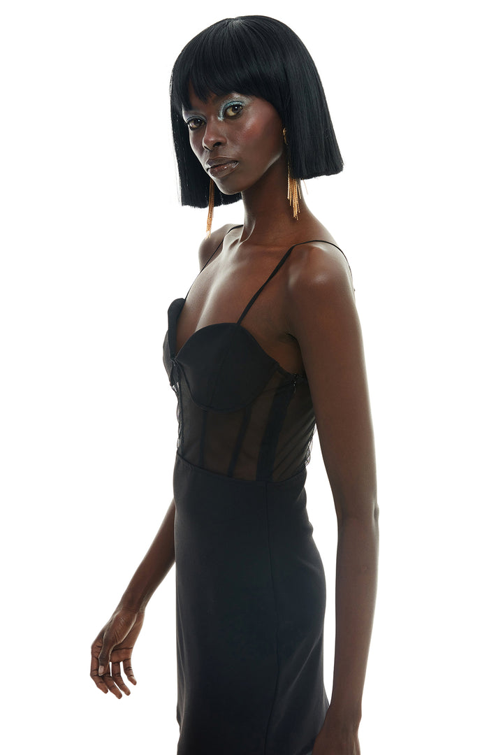 Tulle Detailed Strap Mini Dress Black