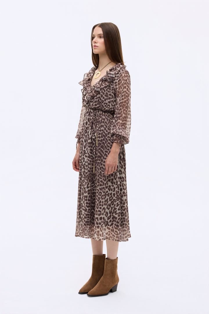 Leopar Desenli Volan Yaka Midi Elbise Bej