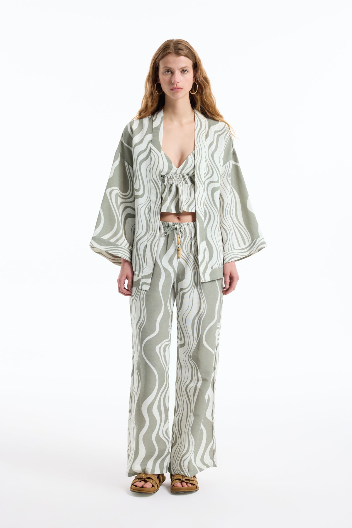 Dalga Desenli Bağlamalı Kimono Haki