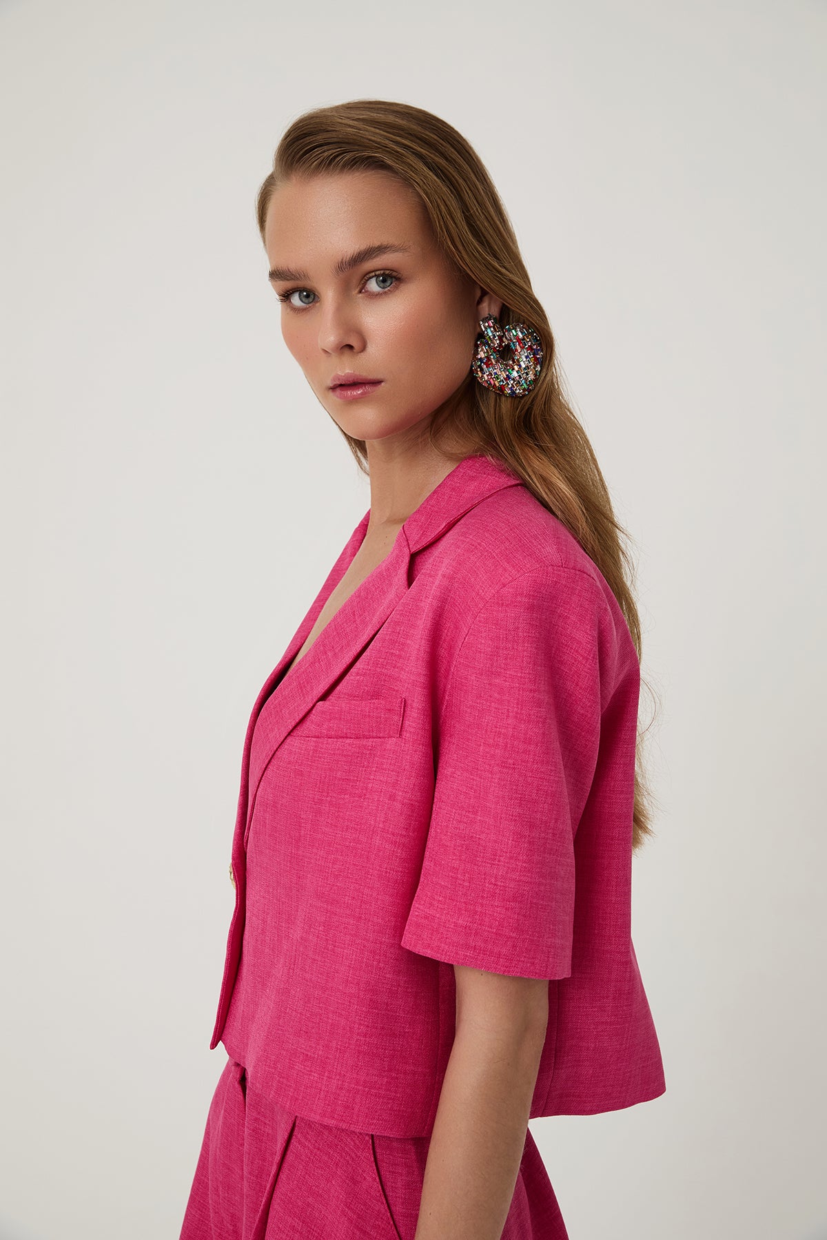 Vatkalı Crop Blazer Ceket Pembe