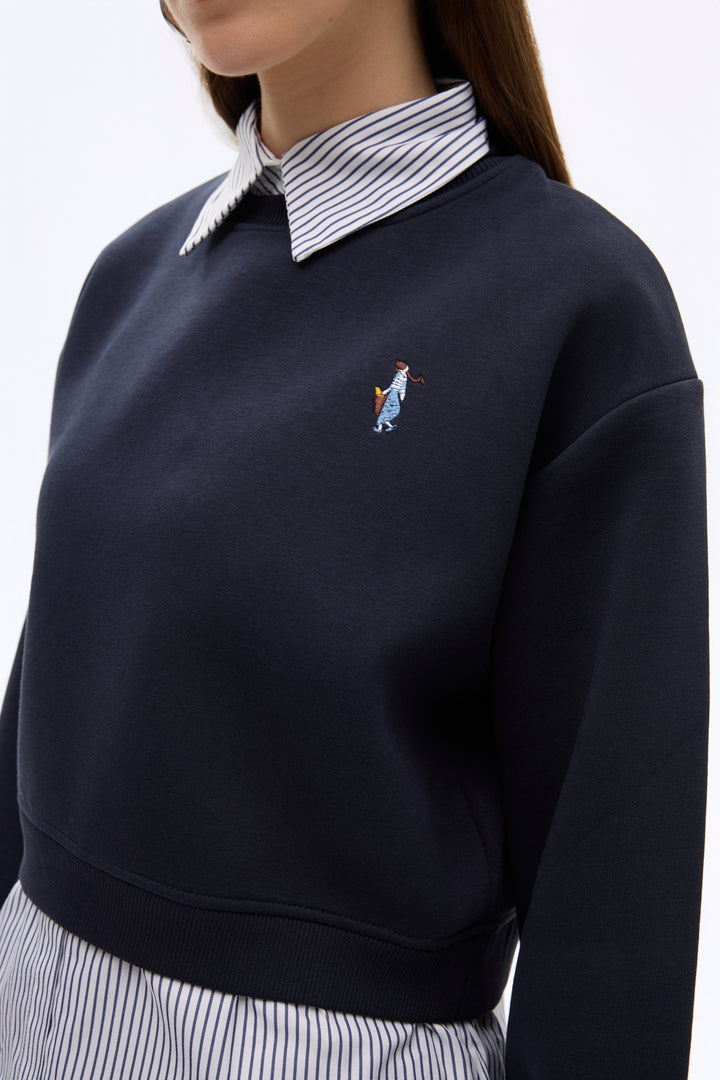 Gömlek Garnili Nakışlı Sweatshirt Lacivert