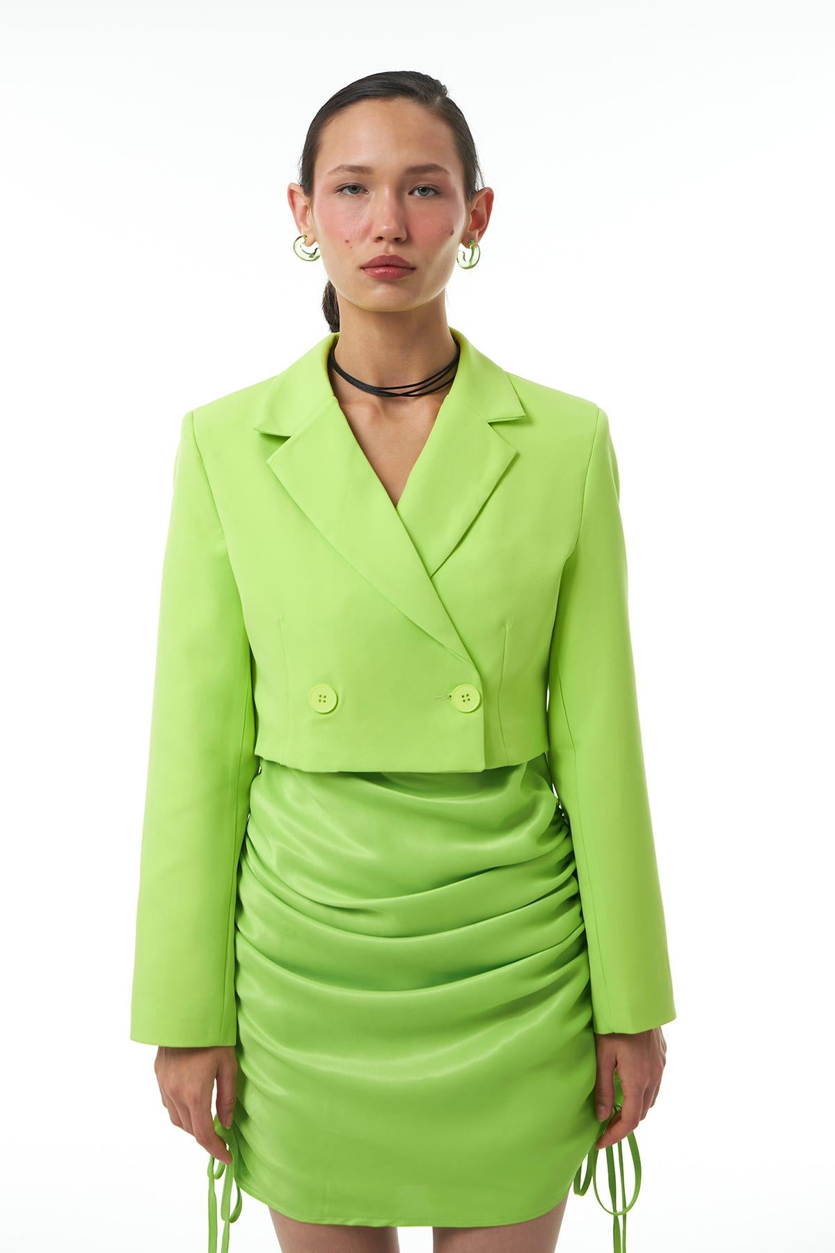 Double Breasted Crop Blazer Jacket Neon Green