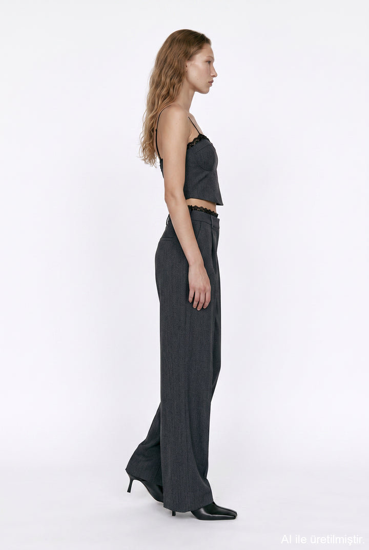 Dantelli Askılı Korse Crop Bluz Antrasit