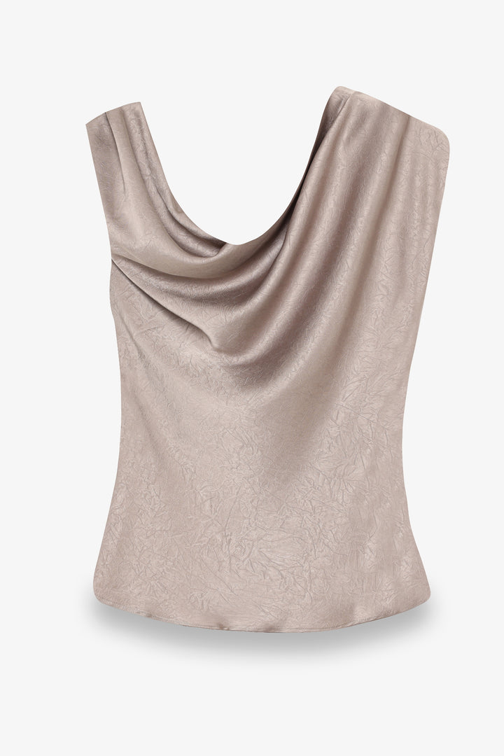 Asimetrik Drapeli Aksesuarlı Saten Bluz Vizon