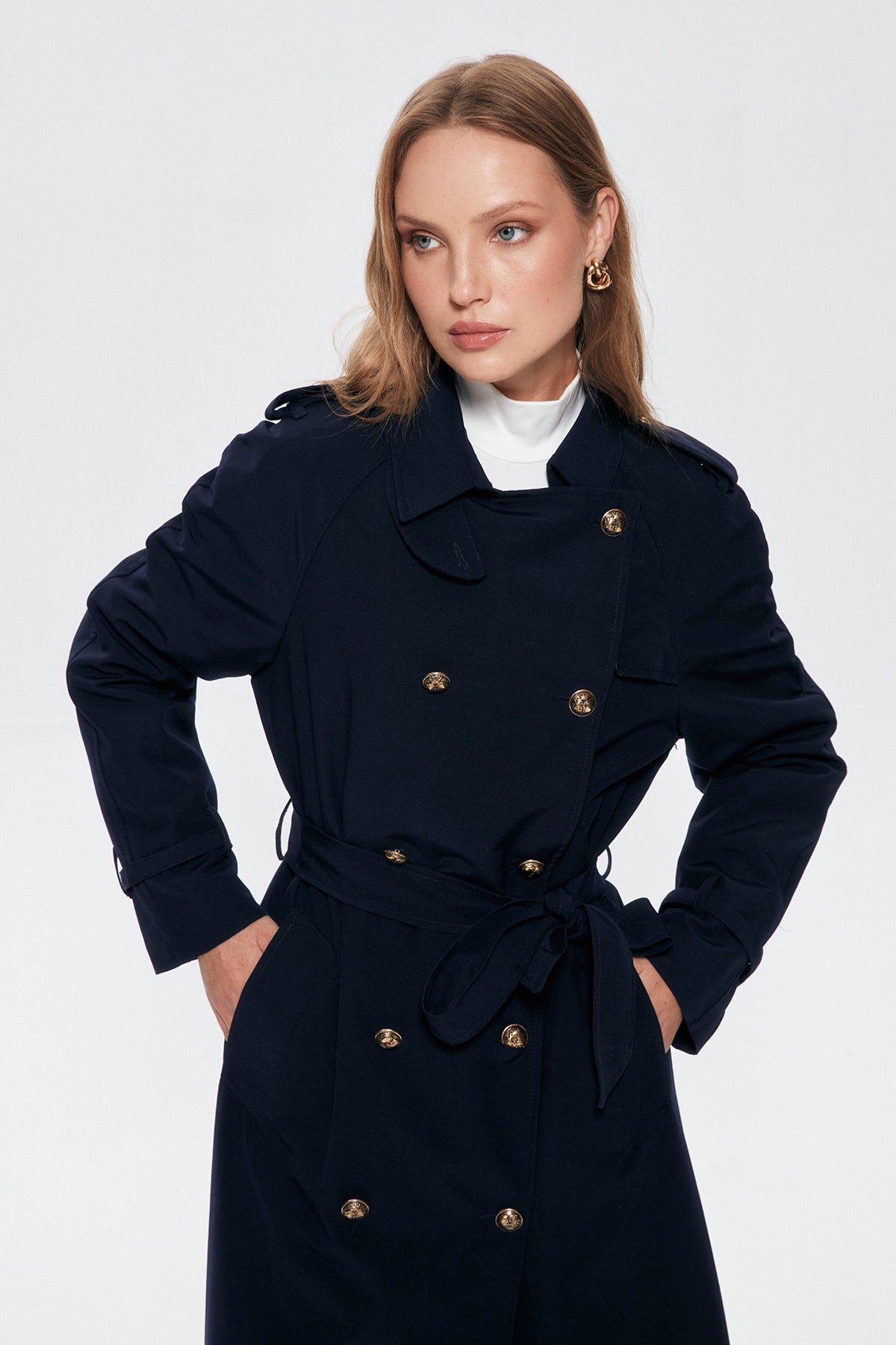 Tie Waist Button Trench Coat Navy Blue