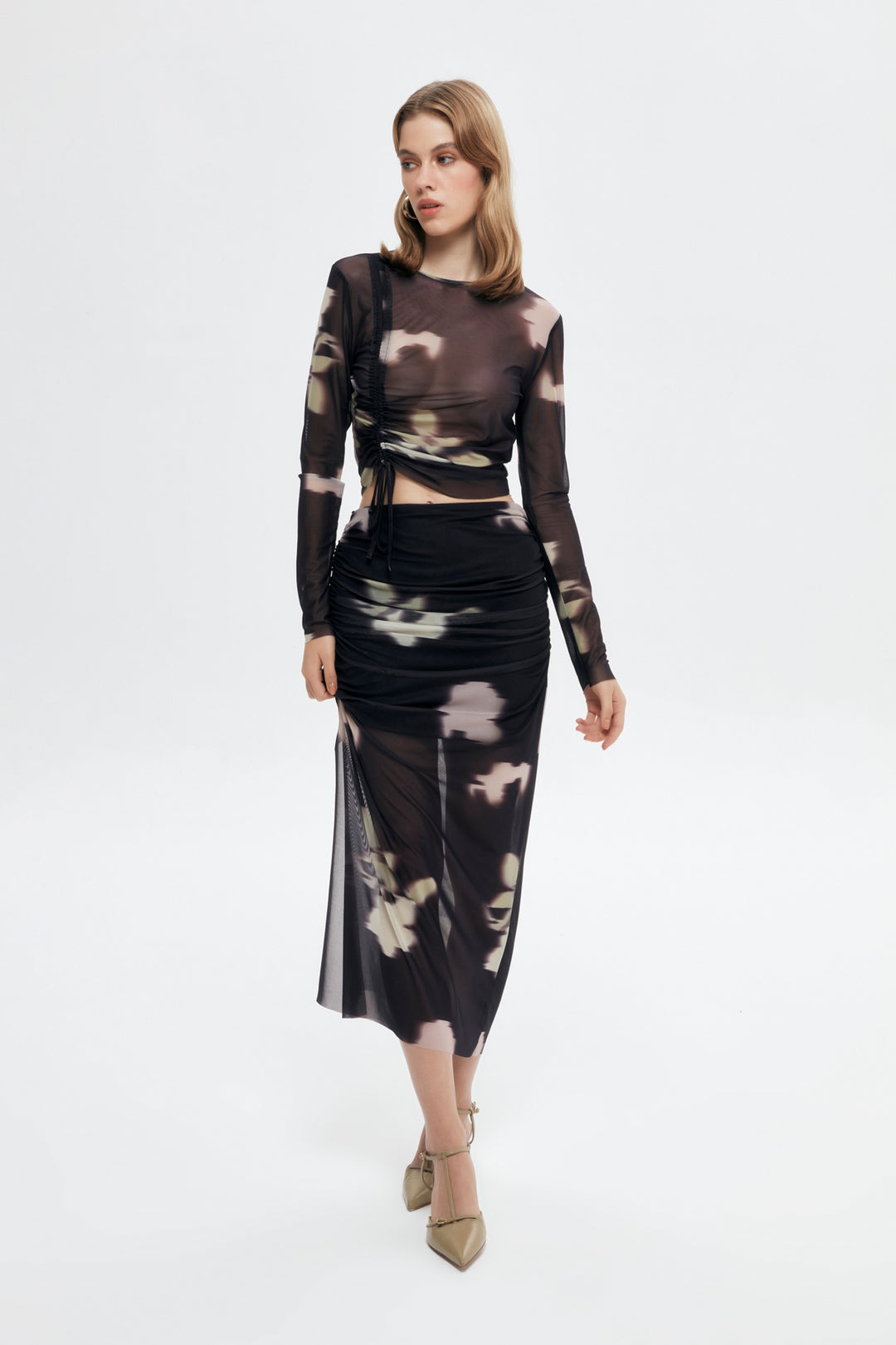 Gathering Detailed Tulle Blouse Black