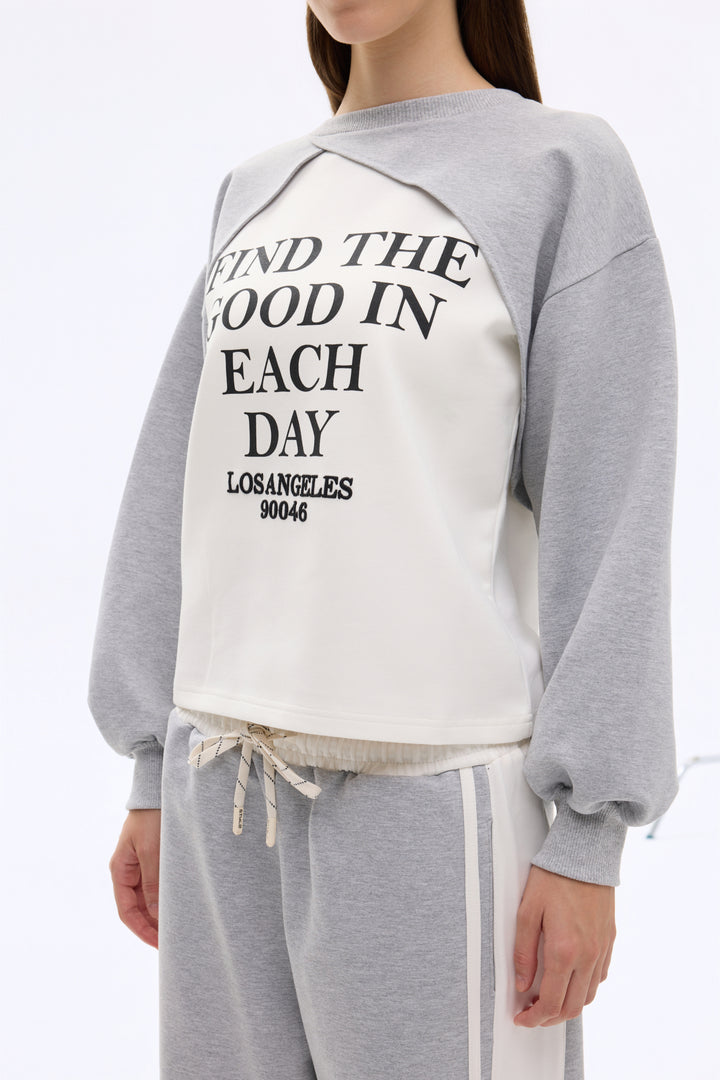Match Detaylı Yazı Baskılı Bisiklet Yaka Sweatshirt Gri