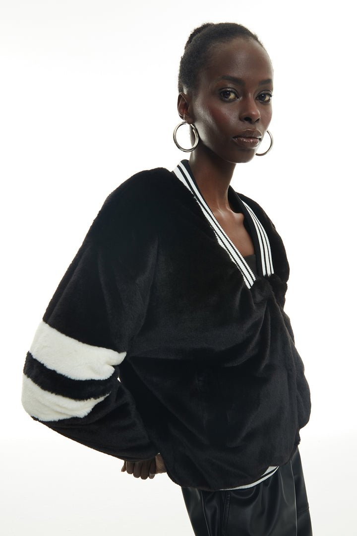 Striped V-Neck Plush Coat Black