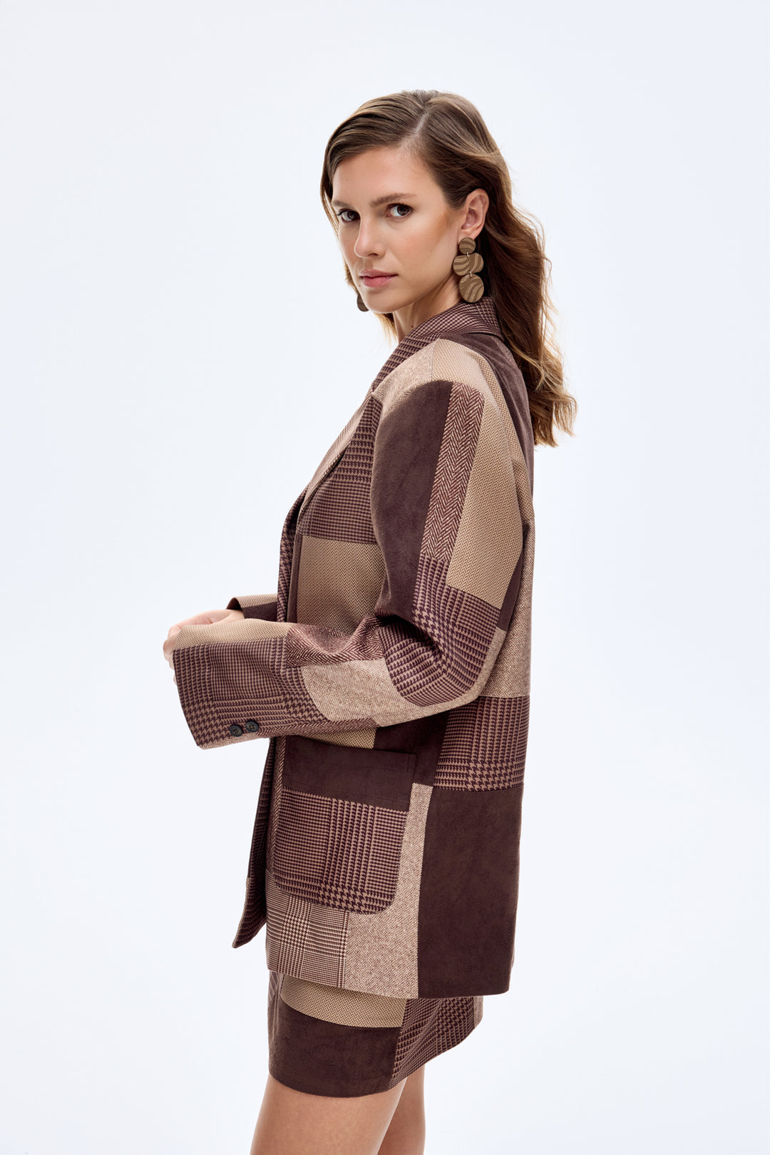 Patchwork Kruvaze Blazer Ceket Kahverengi
