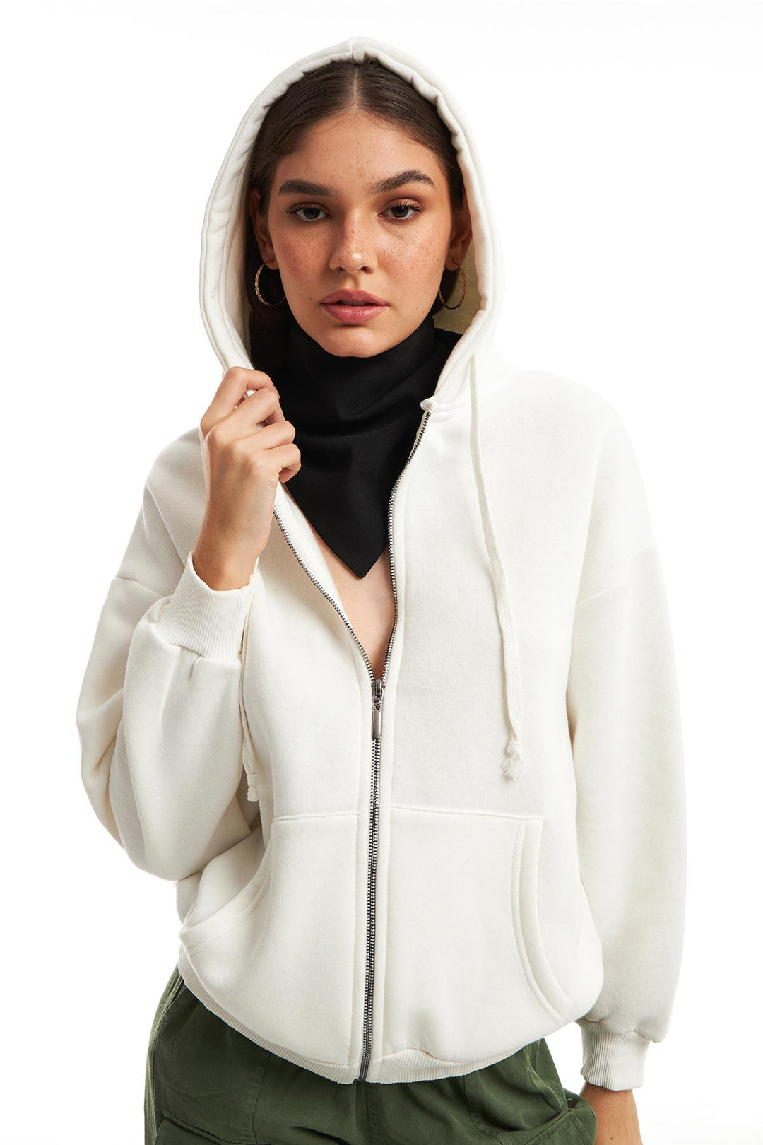 Zipper Hoodie Sweatshirt Ecru