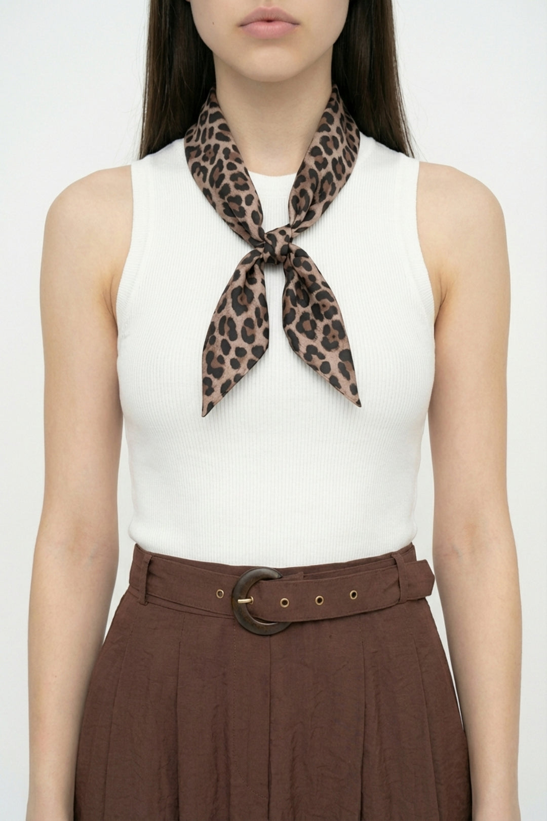 Leopar Fularlı Kombine Midi Elbise Kahverengi