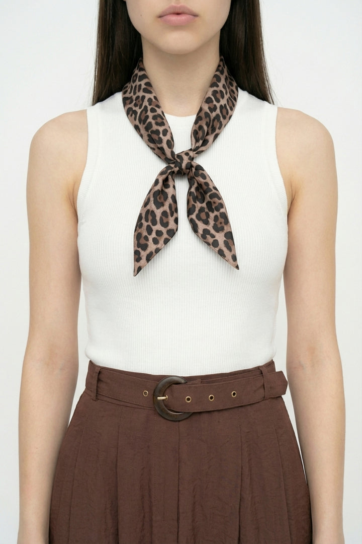 Leopar Fularlı Kombine Midi Elbise Kahverengi