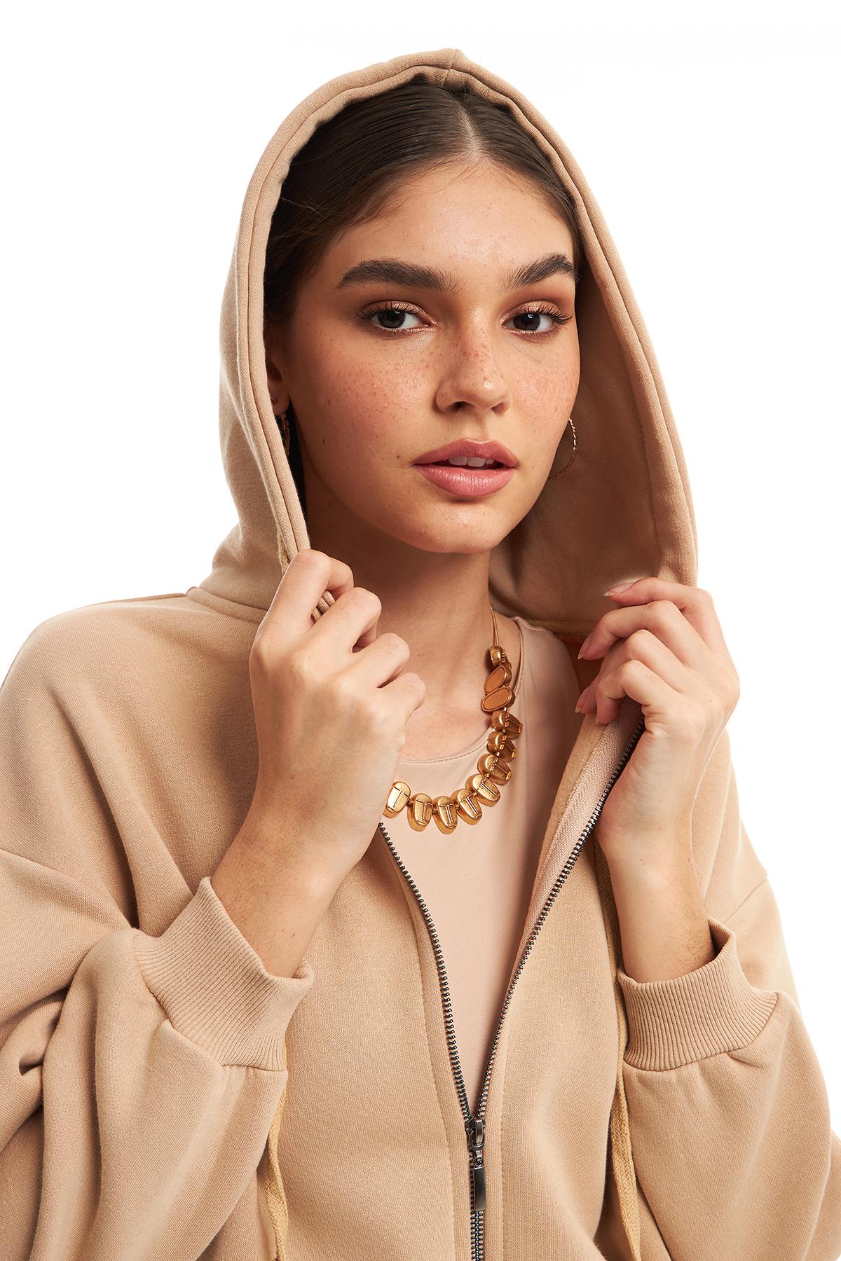 Zippered Hoodie Sweatshirt Beige