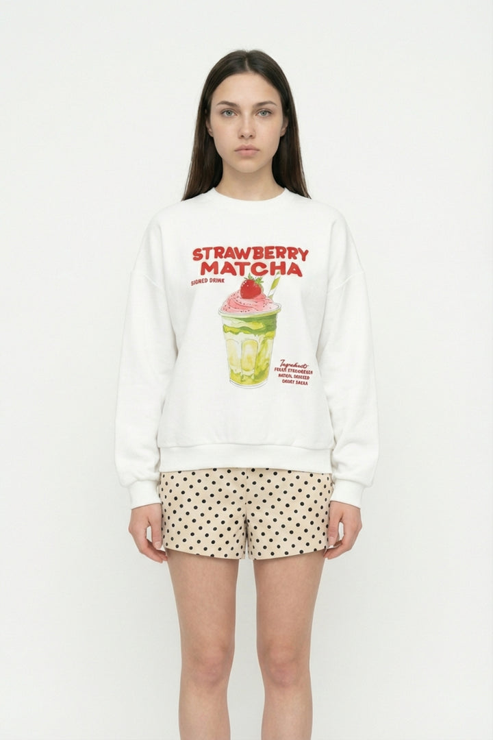 Matcha Baskılı Oversize Sweatshirt Ekru