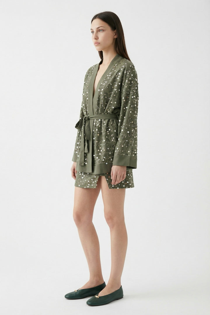 Pul İşlemeli Anvelop Mini Etek Haki