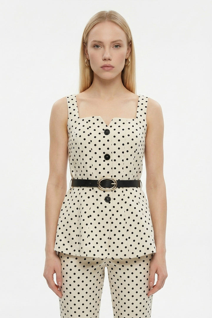 Puantiyeli Kemerli Kare Yaka Bluz Krem