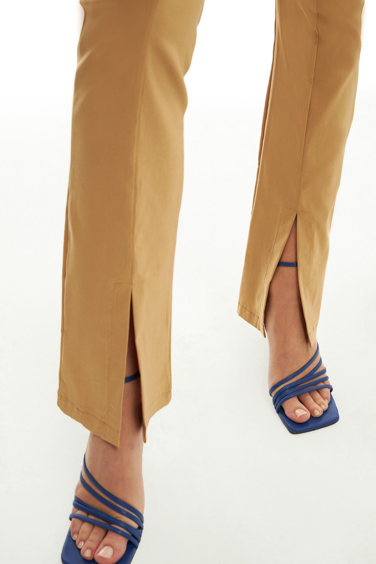 Side Zipper High Waist Trousers Beige