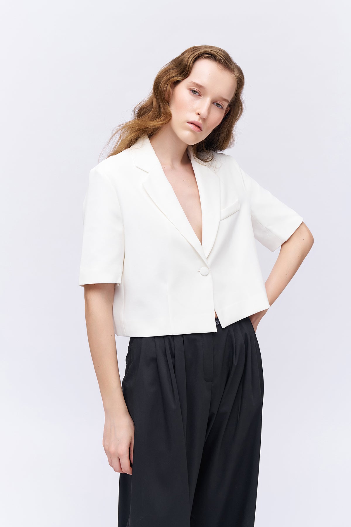 Short Sleeve Crop Blazer Jacket Ecru