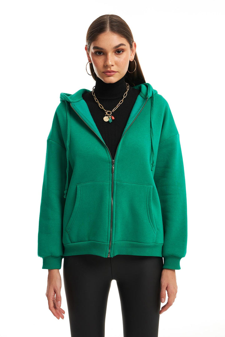 Fermuarlı Kapüşonlu Sweatshirt Koyu Yeşil