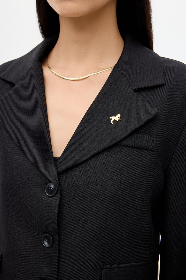 Broş Aksesuarlı Düğmeli Crop Blazer Ceket Siyah