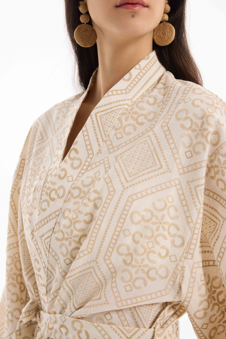 Etnik Desenli Bağlamalı Kısa Kimono Naturel