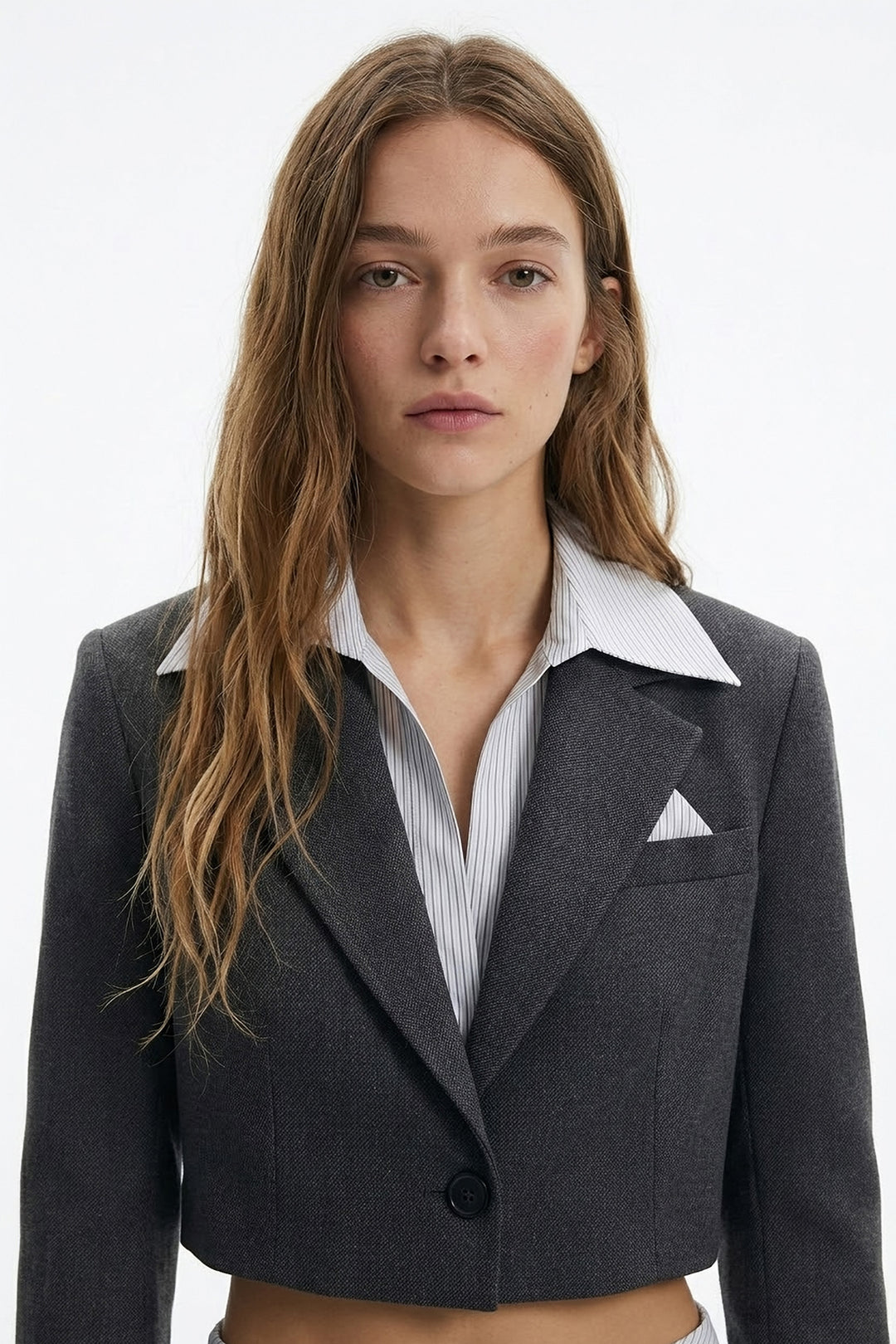 Gömlek Yaka Garnili Crop Blazer Ceket Antrasit