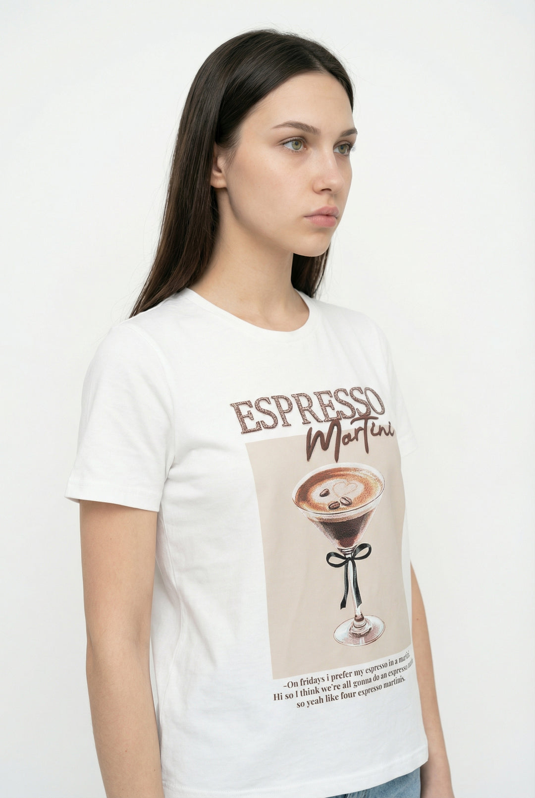 Espresso Nakışlı Baskılı Oversize Tişört Ekru