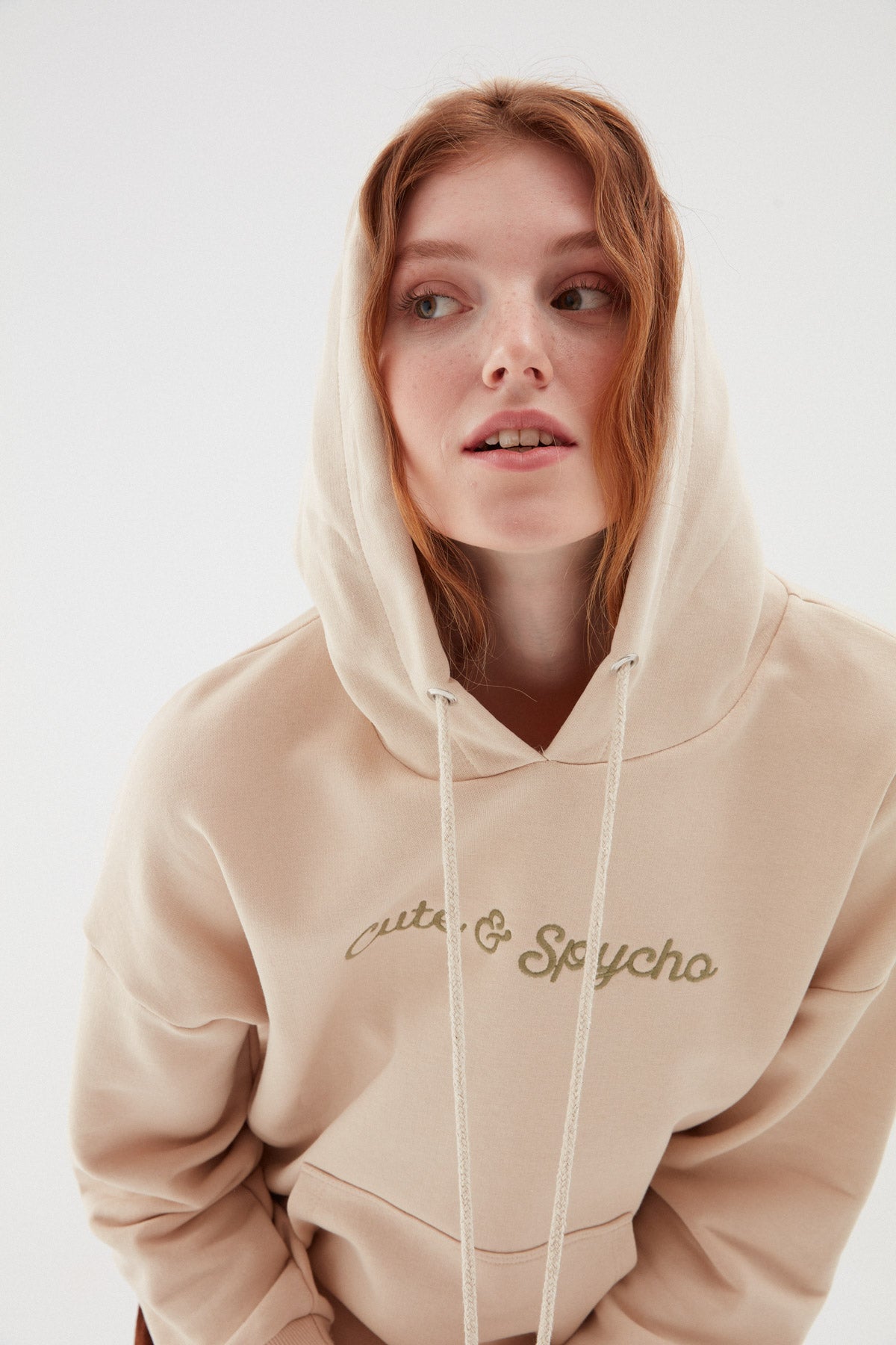 Back Printed Hoodie Sweatshirt Beige