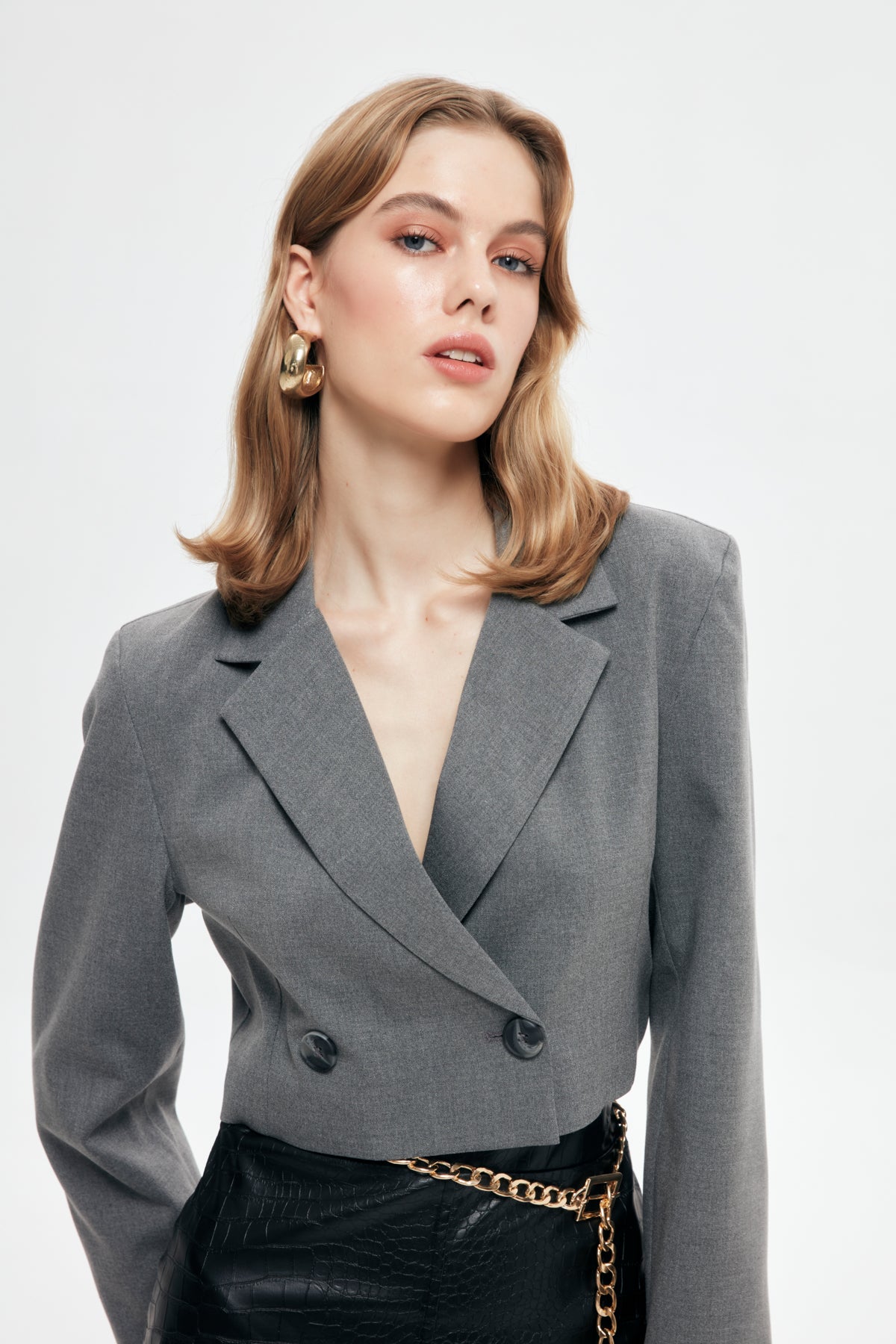 Padding Detailed Crop Blazer Jacket Gray