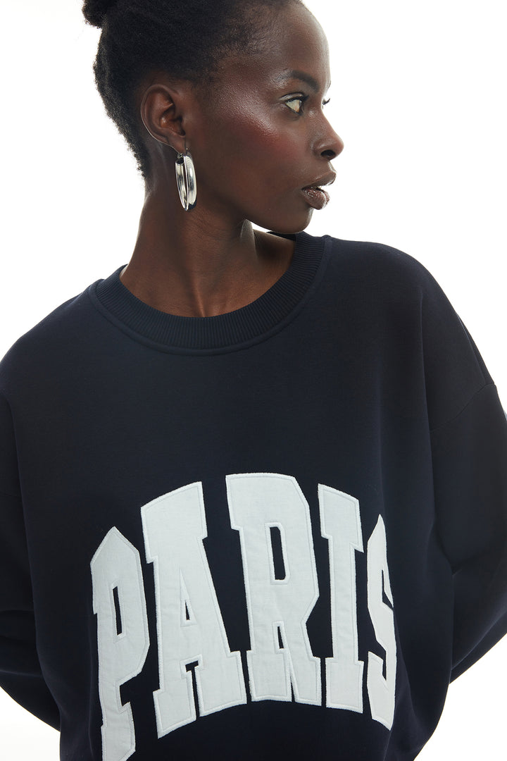 Paris Letter Oversize Sweatshirt Navy