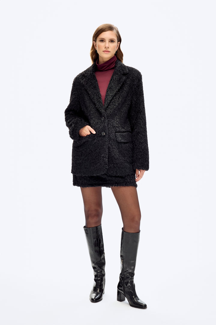 Tüylü Dokulu Oversize Blazer Ceket Siyah