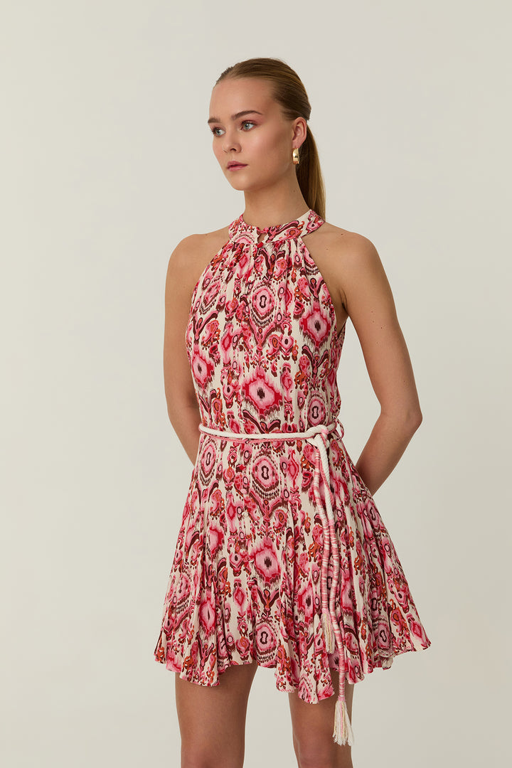 Halter Yaka Desenli Mini Elbise Kırmızı